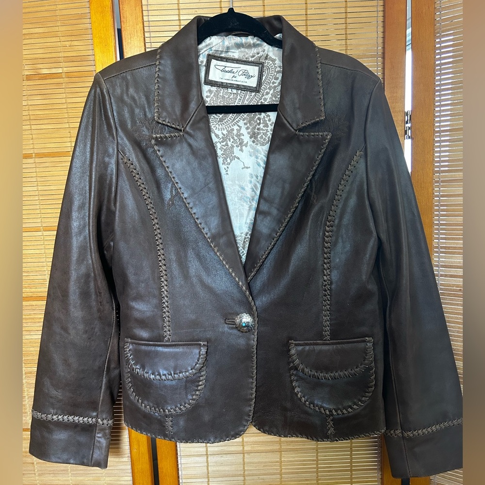 Tasha Polizzi Leather Whipstitch Western Blazer w/ Turquoise Concho Button Sz L